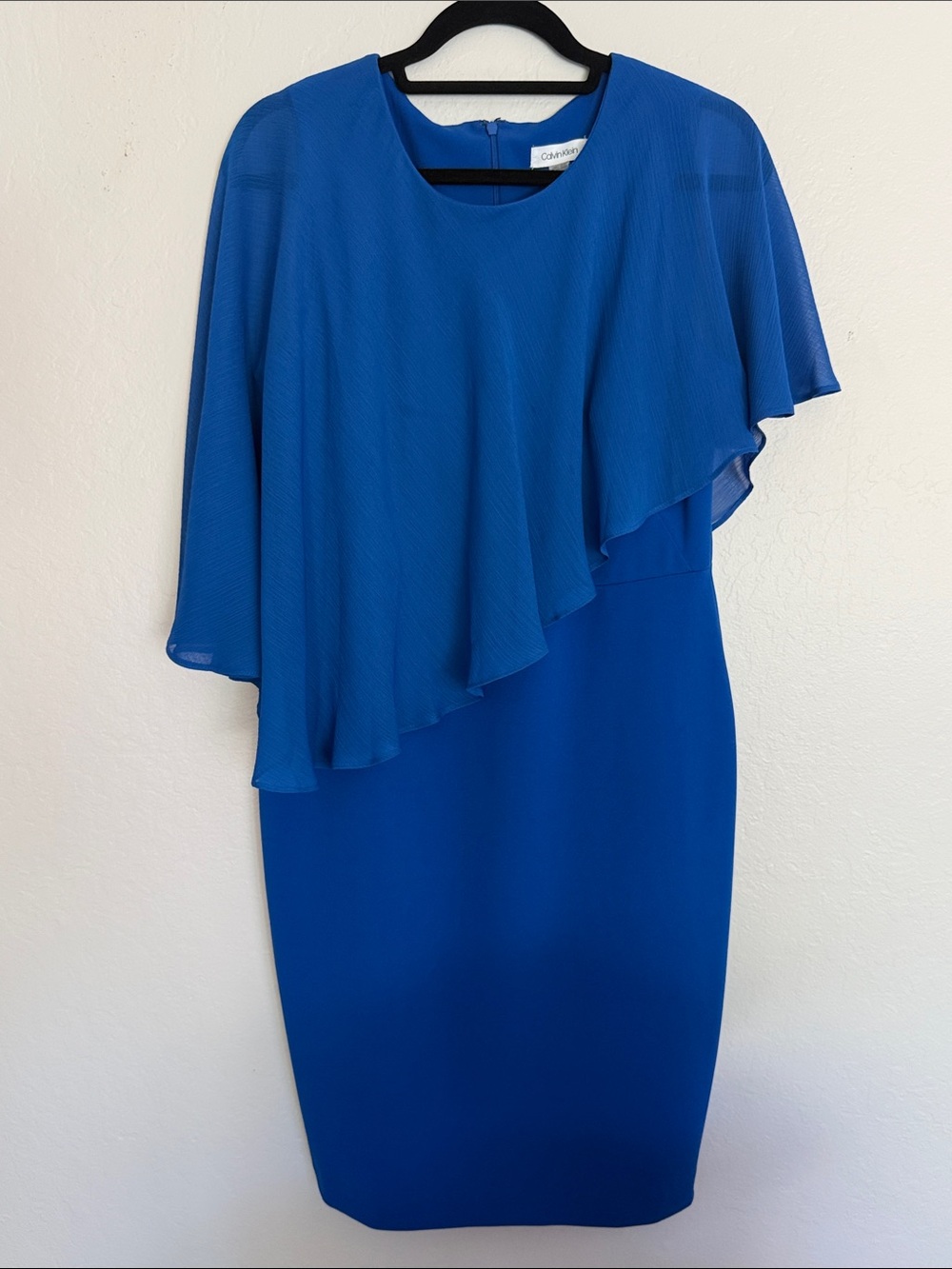 Calvin Klein Cobalt Blue One-Shoulder Cape Sheath Dress